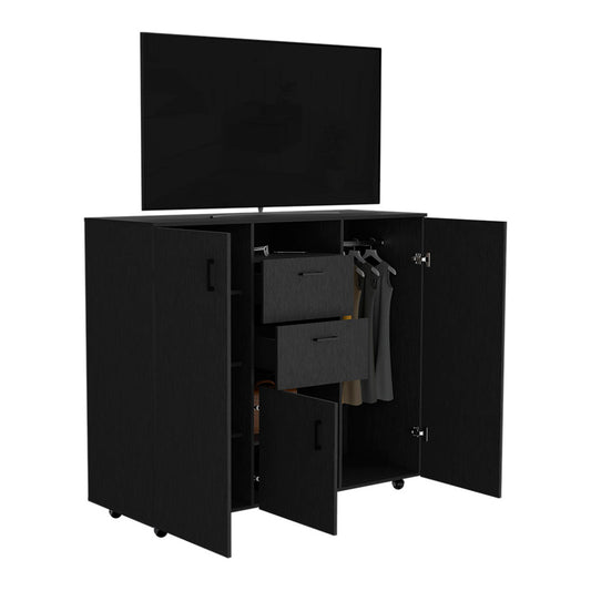 Letna Double Door Cabinet Dresser, Two Drawers, Four Interior Shelves, Three Cabinets With Door, Rod  -Black