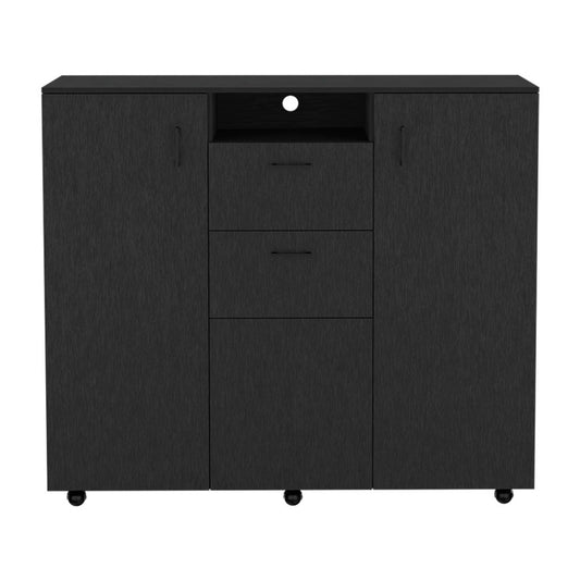 Letna Double Door Cabinet Dresser, Two Drawers, Four Interior Shelves, Three Cabinets With Door, Rod  -Black